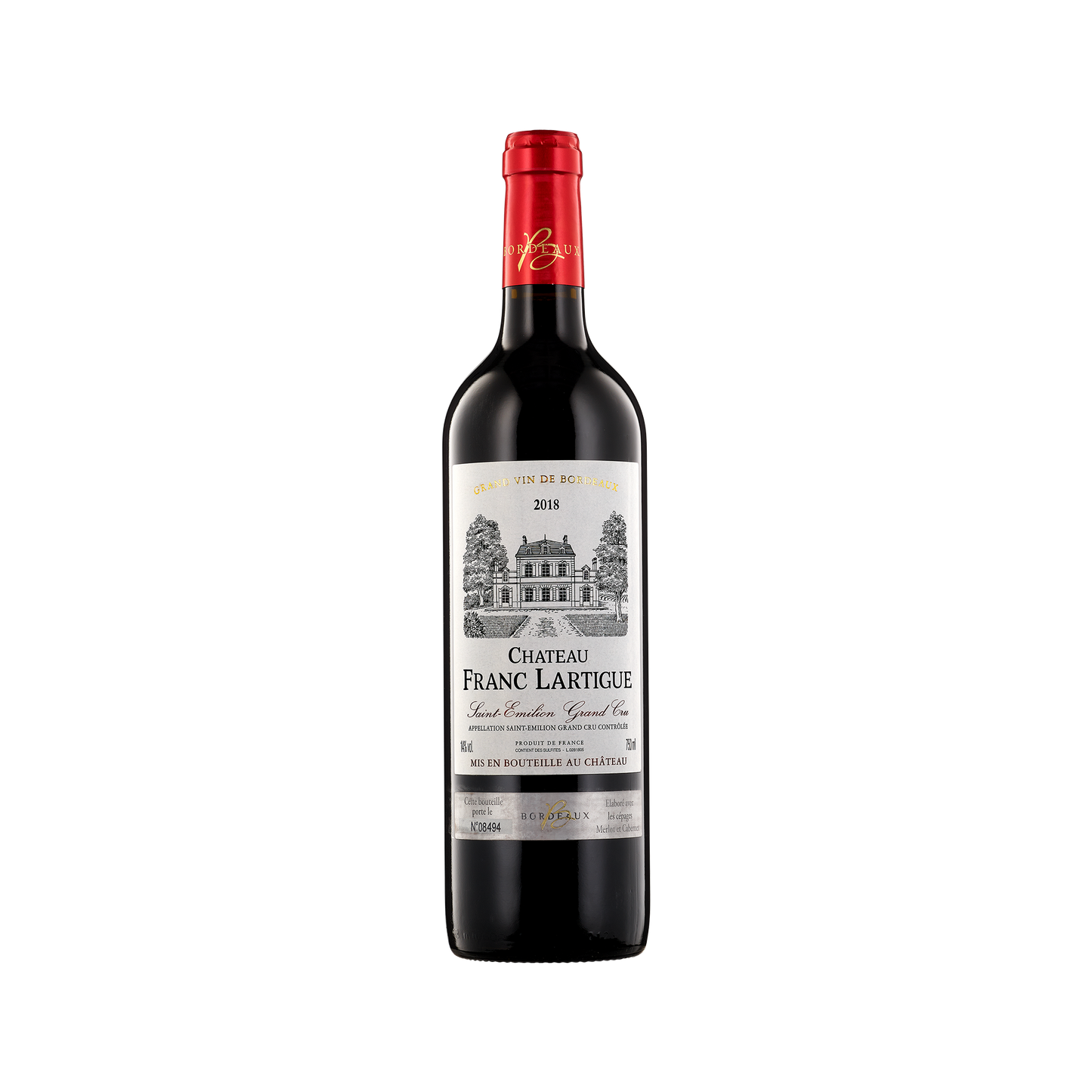 A bottle of Chateau Franc Lartigue 2018 Saint Emilion Grand Cru