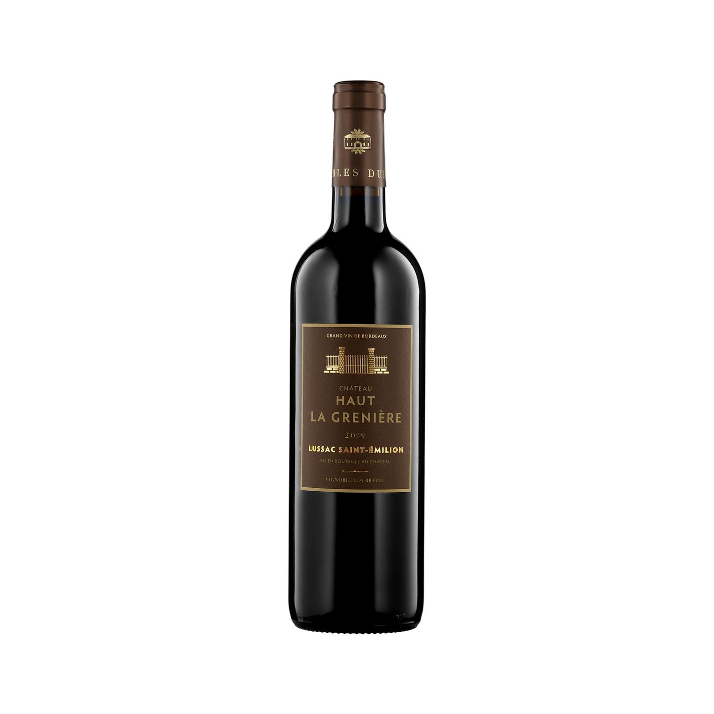 A bottle of Chateau Haut la Greniere 2019 Lusscac-Saint Emilion, France