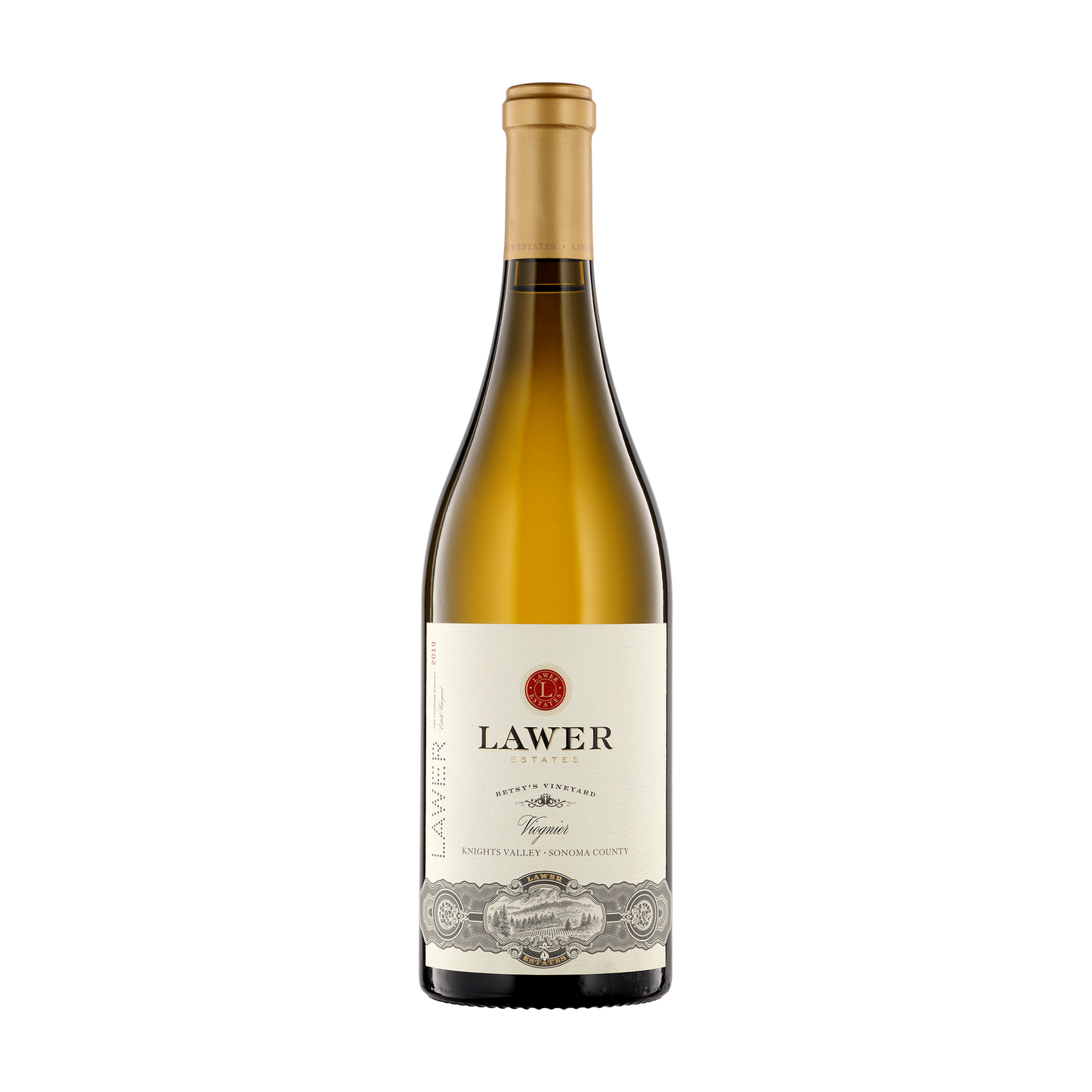 A bottle of Lawer Estates 2019 'Betsy's Vineyard' Viognier