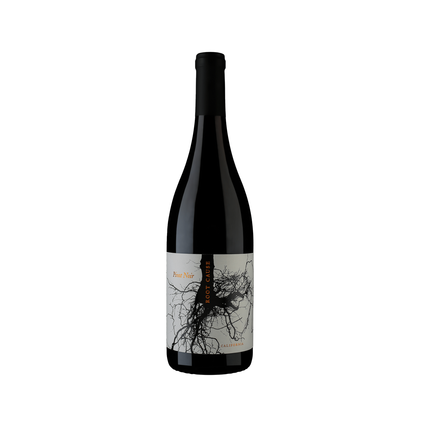A bottle of Root Cause 2019 Pinot Noir