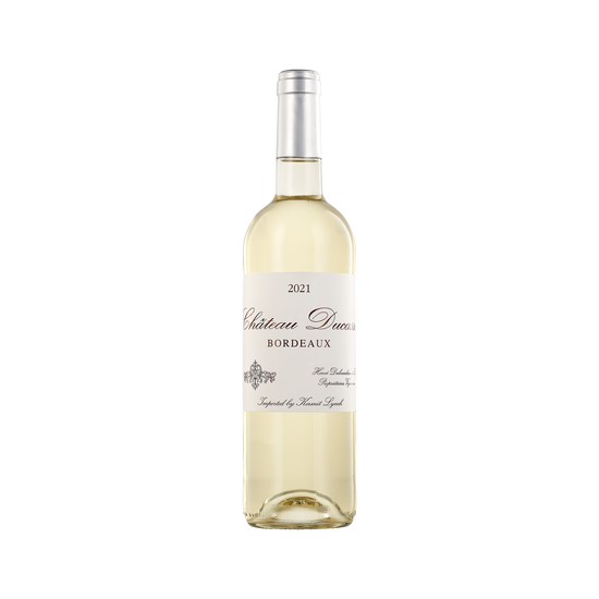 A bottle of Chateau Ducasse 2021 Bordeaux Blanc