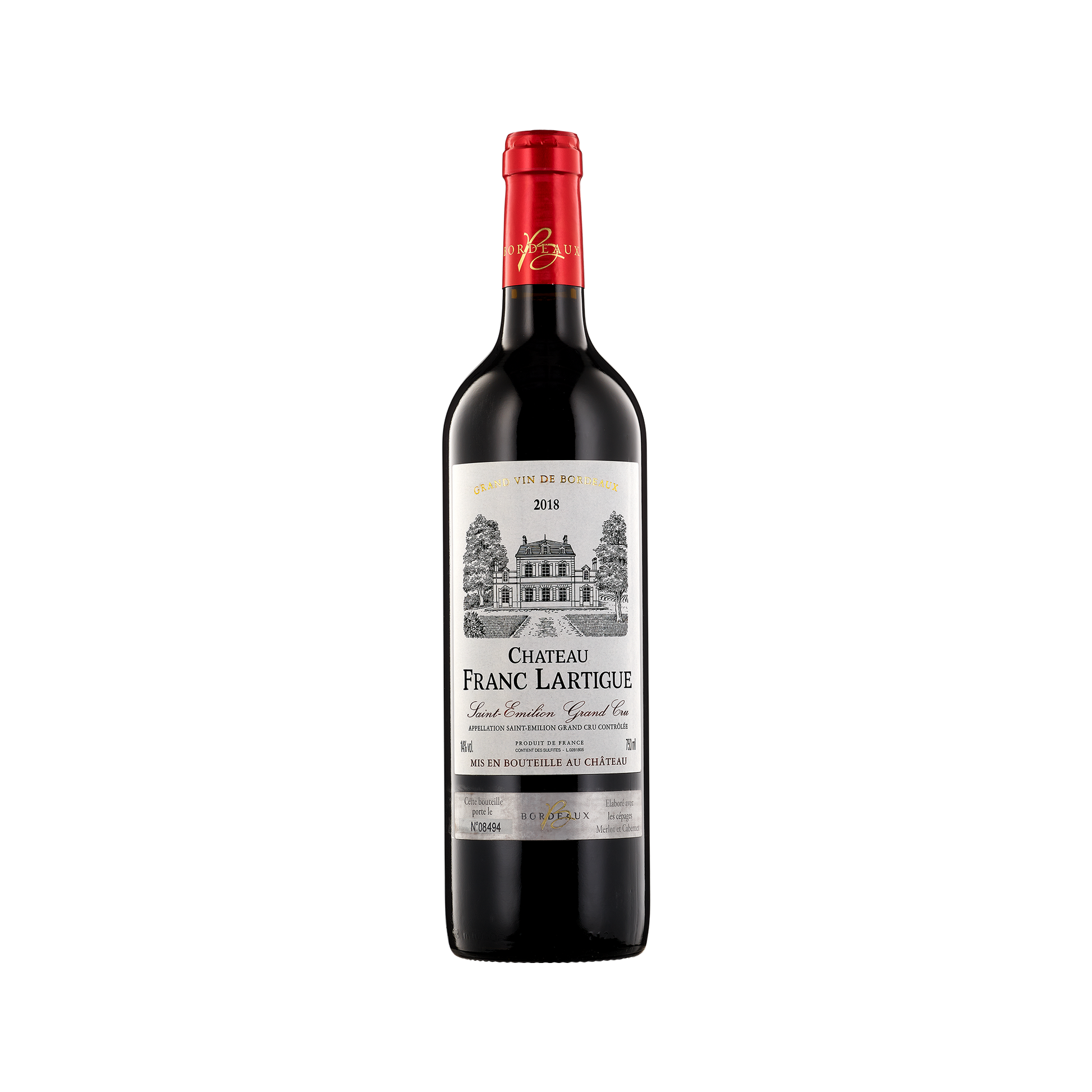 A bottle of Chateau Franc Lartigue 2018 Saint Emilion Grand Cru