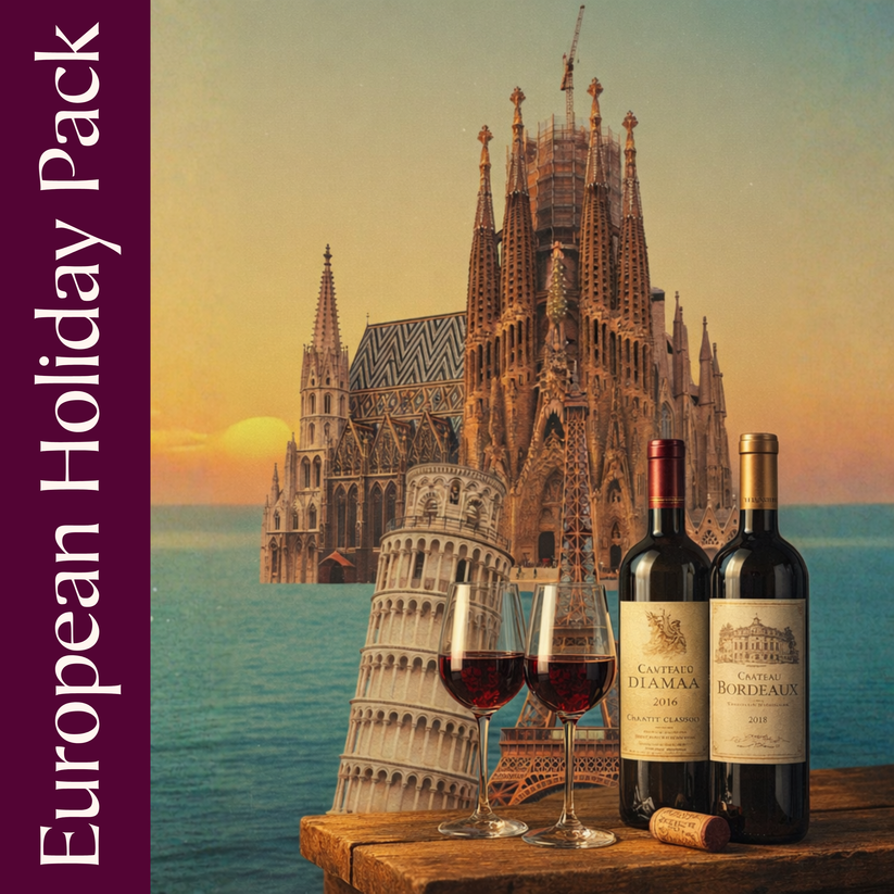 Wine bottles with glasses and a scenic backdrop of famous European landmarks.