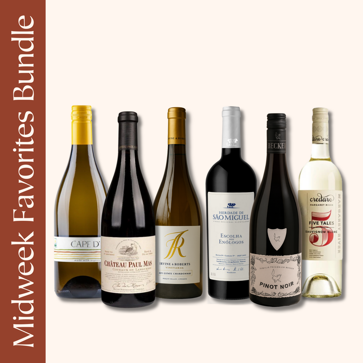 Collection of wine bottles with labels on a white background, featuring 'Midweek Favorites Bundle' text.