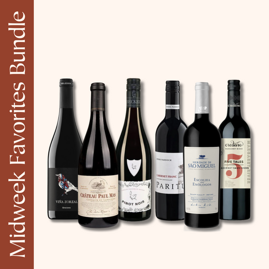 Collection of wine bottles with labels on a white background, featuring 'Midweek Favorites Bundle' text.