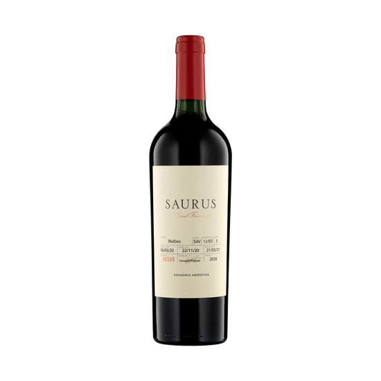 A bottle of Familia Schroeder 2020 Malbec Saurus