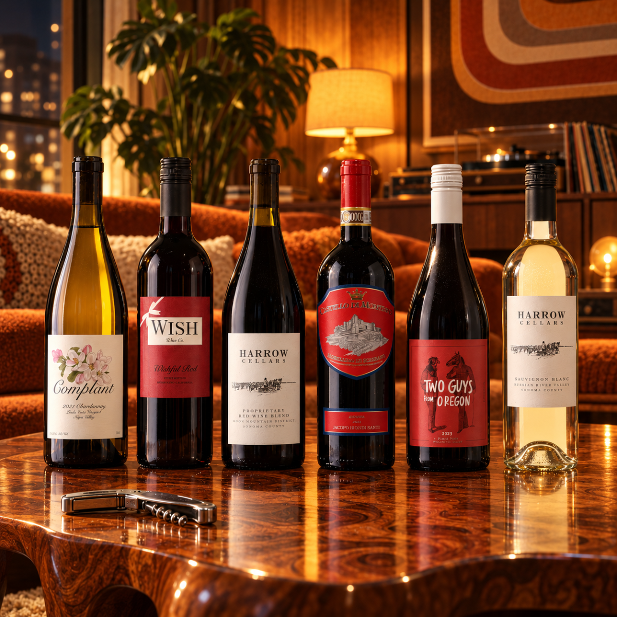 Six wine bottles arranged on a polished wooden table in a warm, upscale living room setting. The bottles include various red and white wines from brands such as Comptant, Wish, Harrow College, Two Guys in Oregon, and Harrow Estate.
